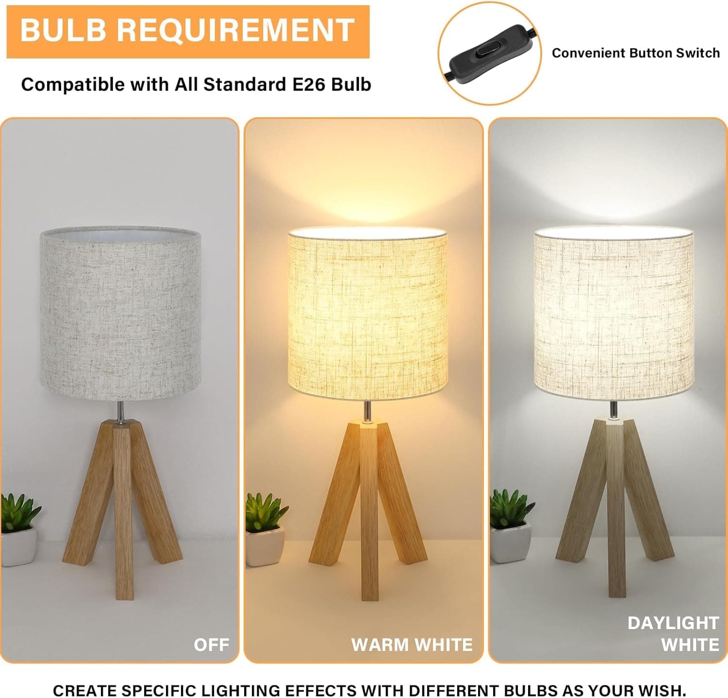 Wooden tripod table lamp warm lighting detail